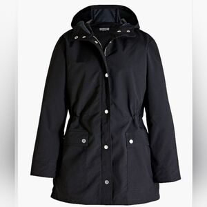 J. Crew ladies black mid thigh length rain repellant coat with hood